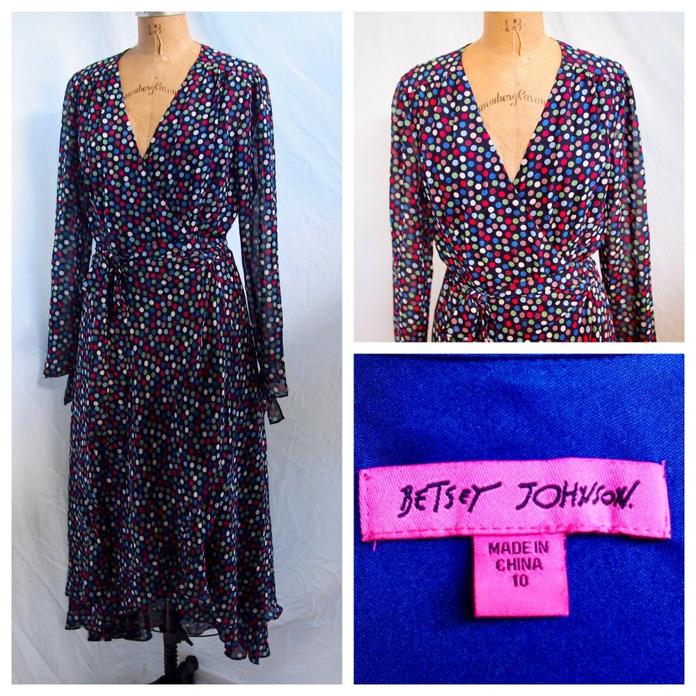 BETSEY JOHNSON Navy Blue Polka Dot Chiffon Wrap Hi Low Dress Boho Gypsy 10 EUC